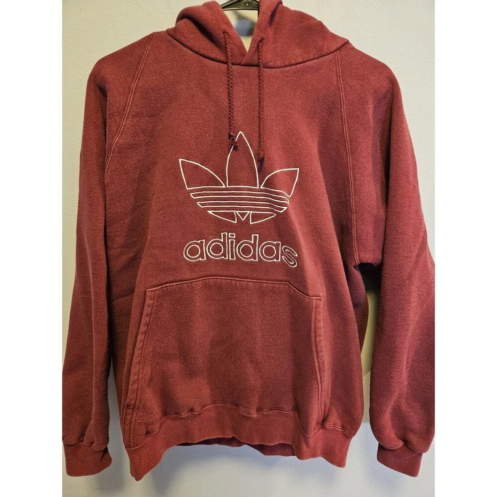 Vintage Adidas Trefoil Hoodie Men’s Small Burgundy Faded Embroidered Logo Y2K